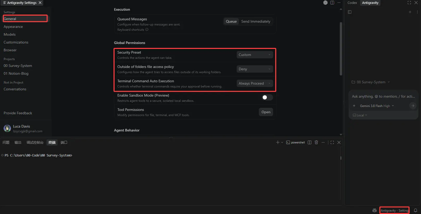 图2 配置 Google Antigravity 审批权限